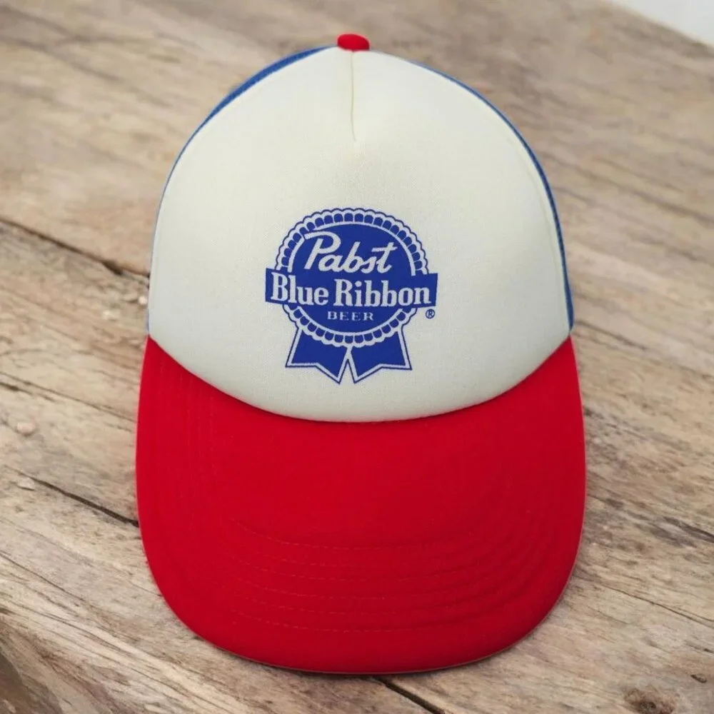 Pabst Blue Ribbon Beer Mesh Foam Snapback Cap Trucker Baseball Logo Patch Hat